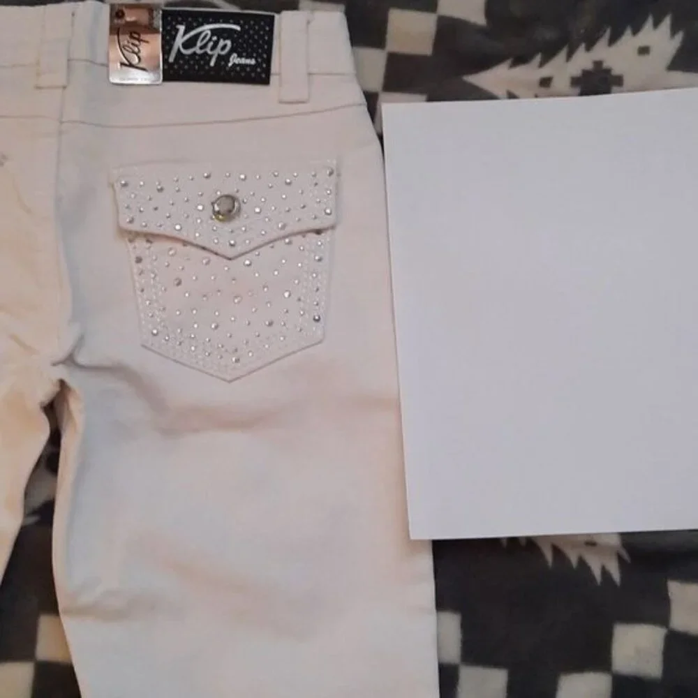 Klip Jeans NWT White Rhinestone 5 Pocket Low Rise Skinny Denim Jeans Size 7 - Picture 15 of 16